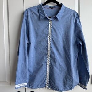 Hannah Blue 100% Cotton Lace Trim Button Down Blouse Size XL